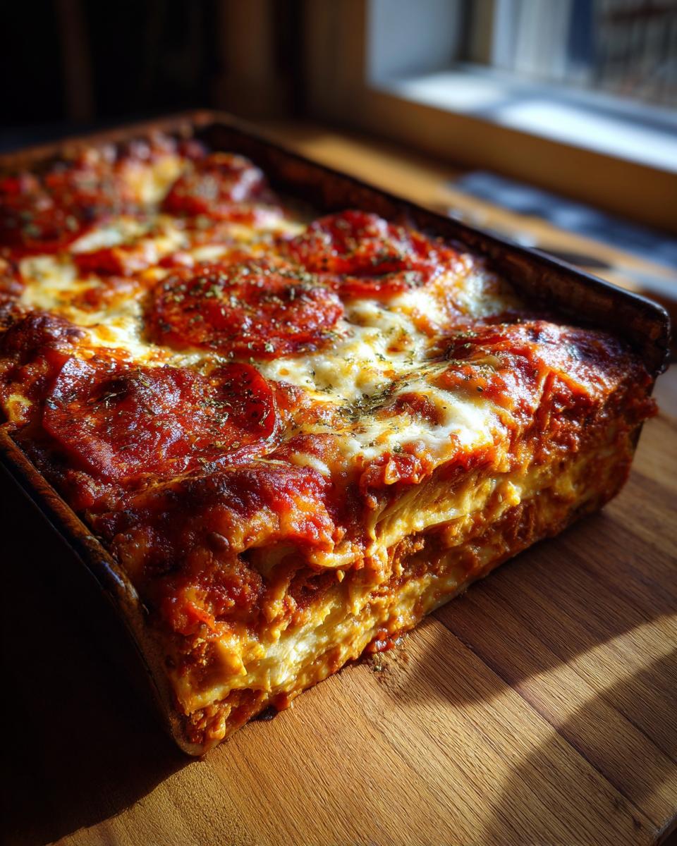 A close-up of a freshly baked Pizza Lasagna in a pan, topped with melted cheese and pepperoni slices.
