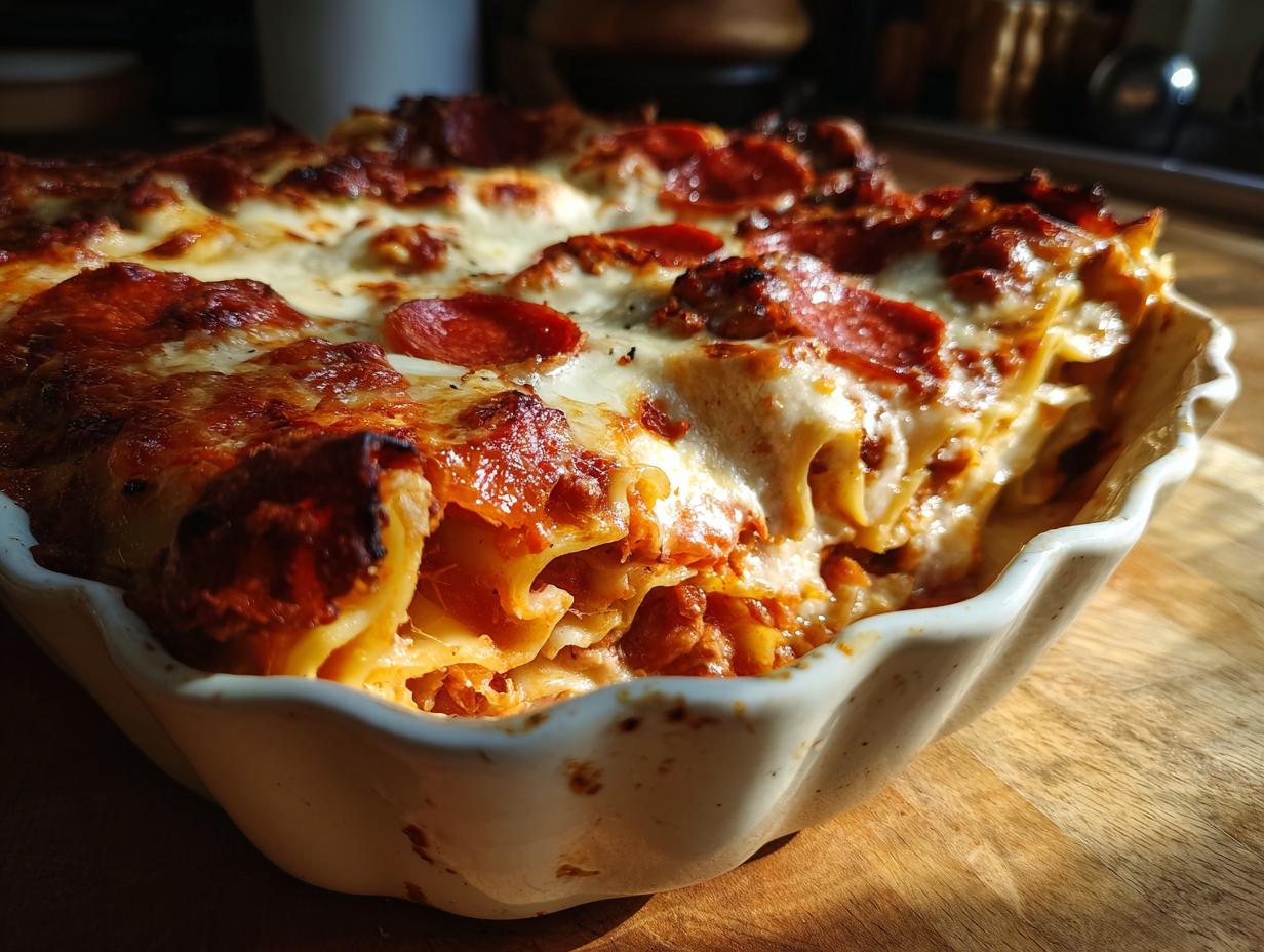 A close-up of a freshly baked Pizza Lasagna in a white baking dish, topped with melted cheese and pepperoni slices.