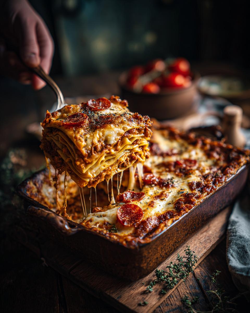A slice of cheesy pizza lasagna with pepperoni being lifted from a baking dish, showing melted cheese strings.