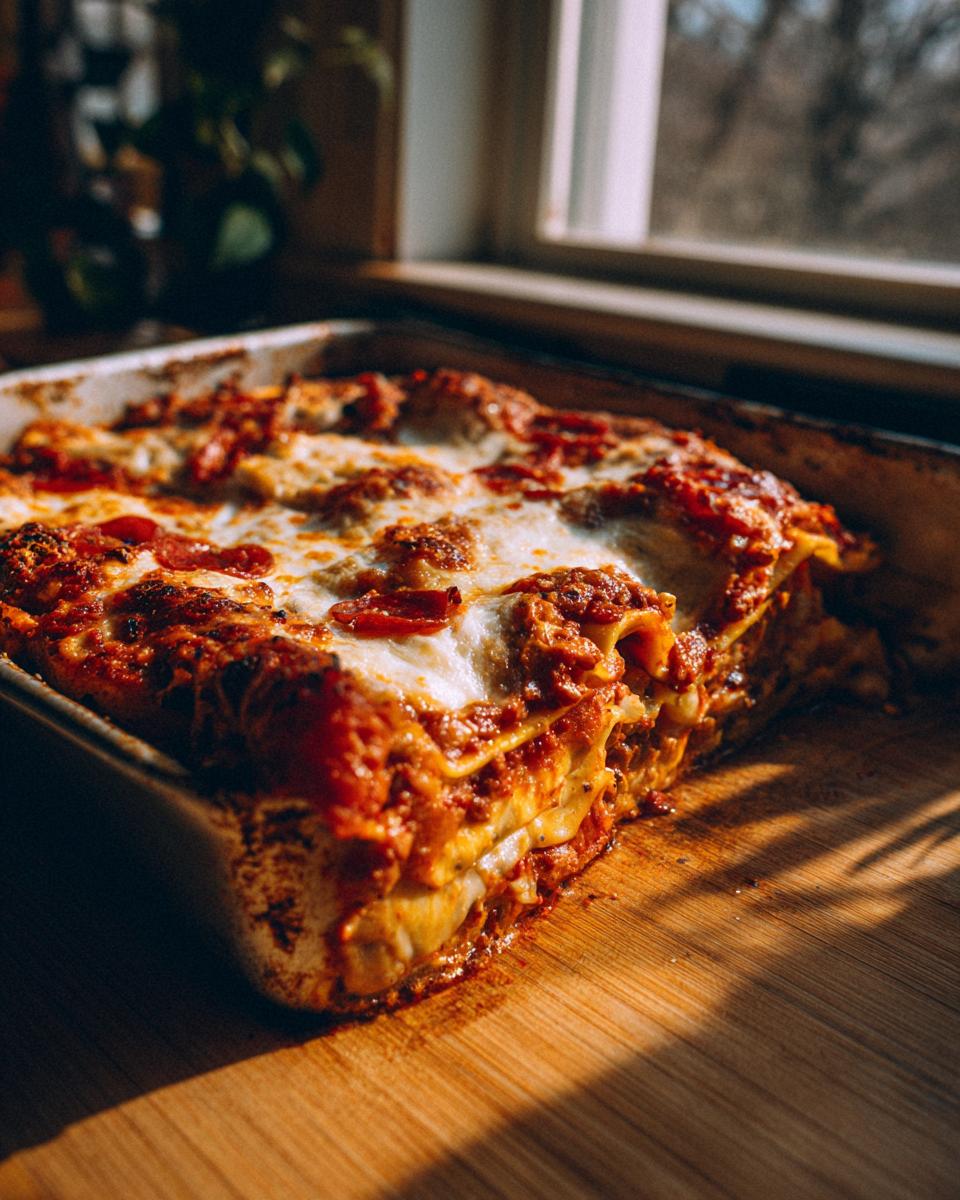 A close-up view of a freshly baked Pizza Lasagna slice in a baking dish, featuring layers of pasta, sauce, melted cheese, and pepperoni.