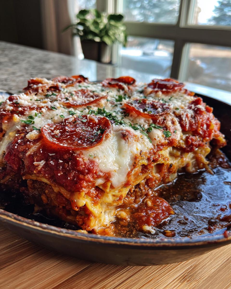 A close-up of a slice of pizza lasagna, topped with melted cheese, pepperoni, and parsley.