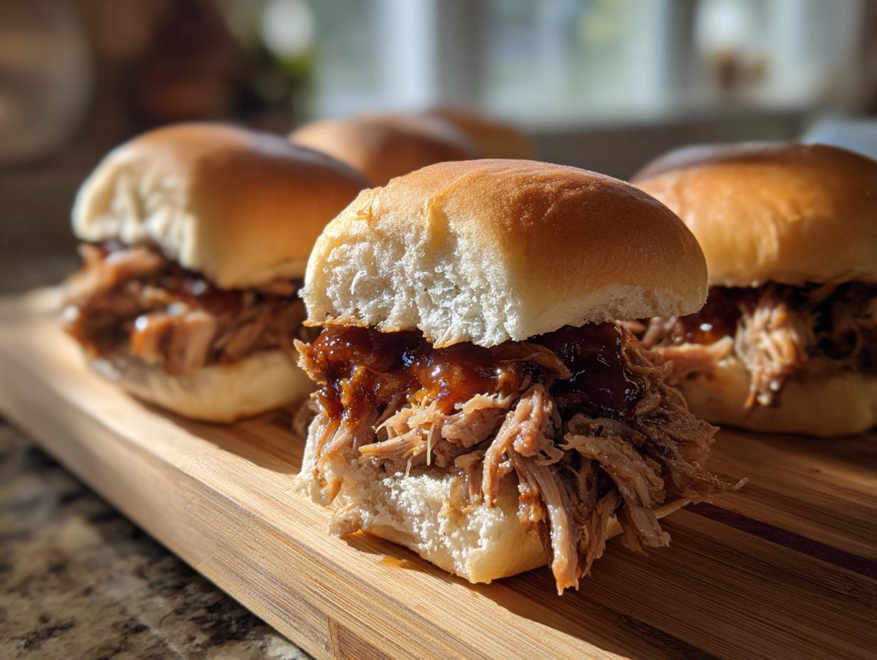 Close-up of delicious pulled pork sliders on a wooden cutting board, perfect for game day.