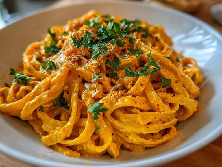 A close-up of creamy Pumpkin Alfredo Pasta, garnished with fresh parsley and a sprinkle of paprika.