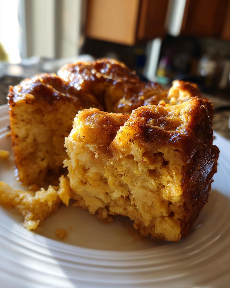 A slice of warm pumpkin bread pudding on a white plate, with a glossy caramel topping.