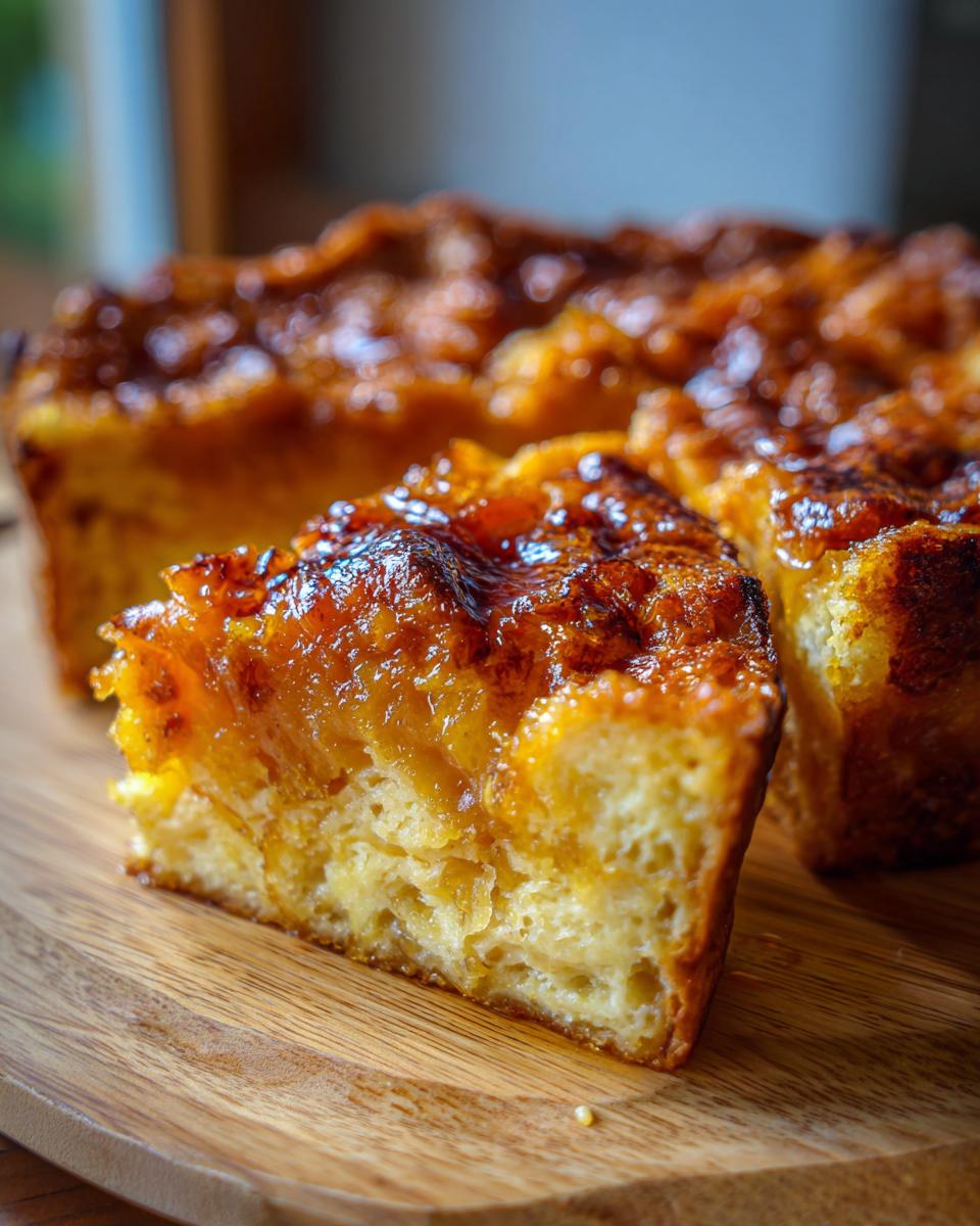 A close-up of a slice of pumpkin bread pudding on a wooden board, showcasing its moist interior and caramelized topping.