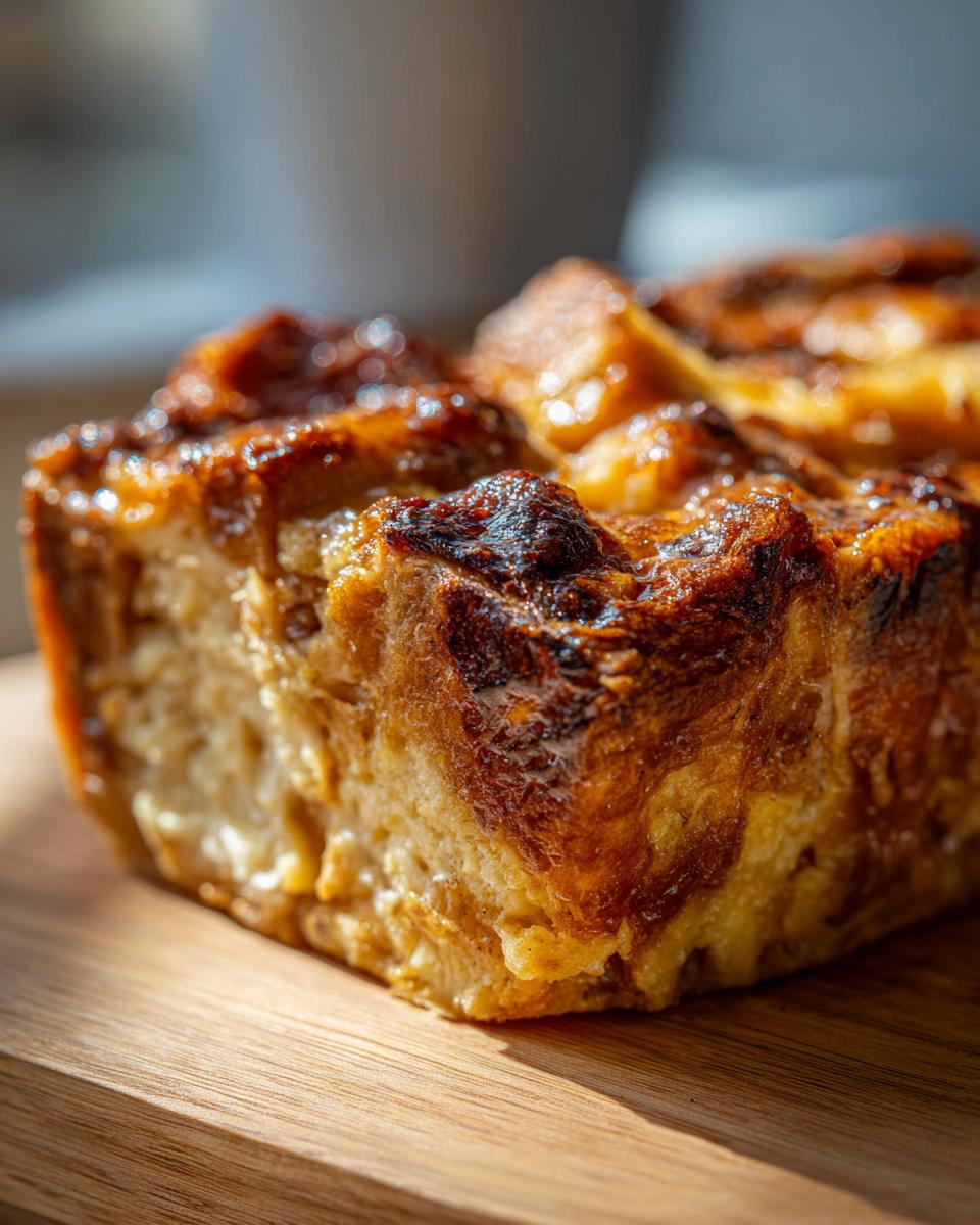 A close-up of a slice of warm pumpkin bread pudding on a wooden board.