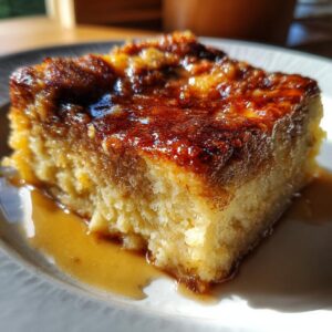 A close-up shot of a slice of pumpkin bread pudding, glistening with caramel sauce.
