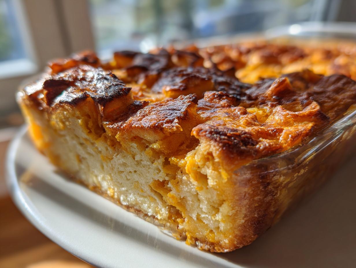 A close-up of a slice of warm pumpkin bread pudding, showing its fluffy texture and golden-brown topping.
