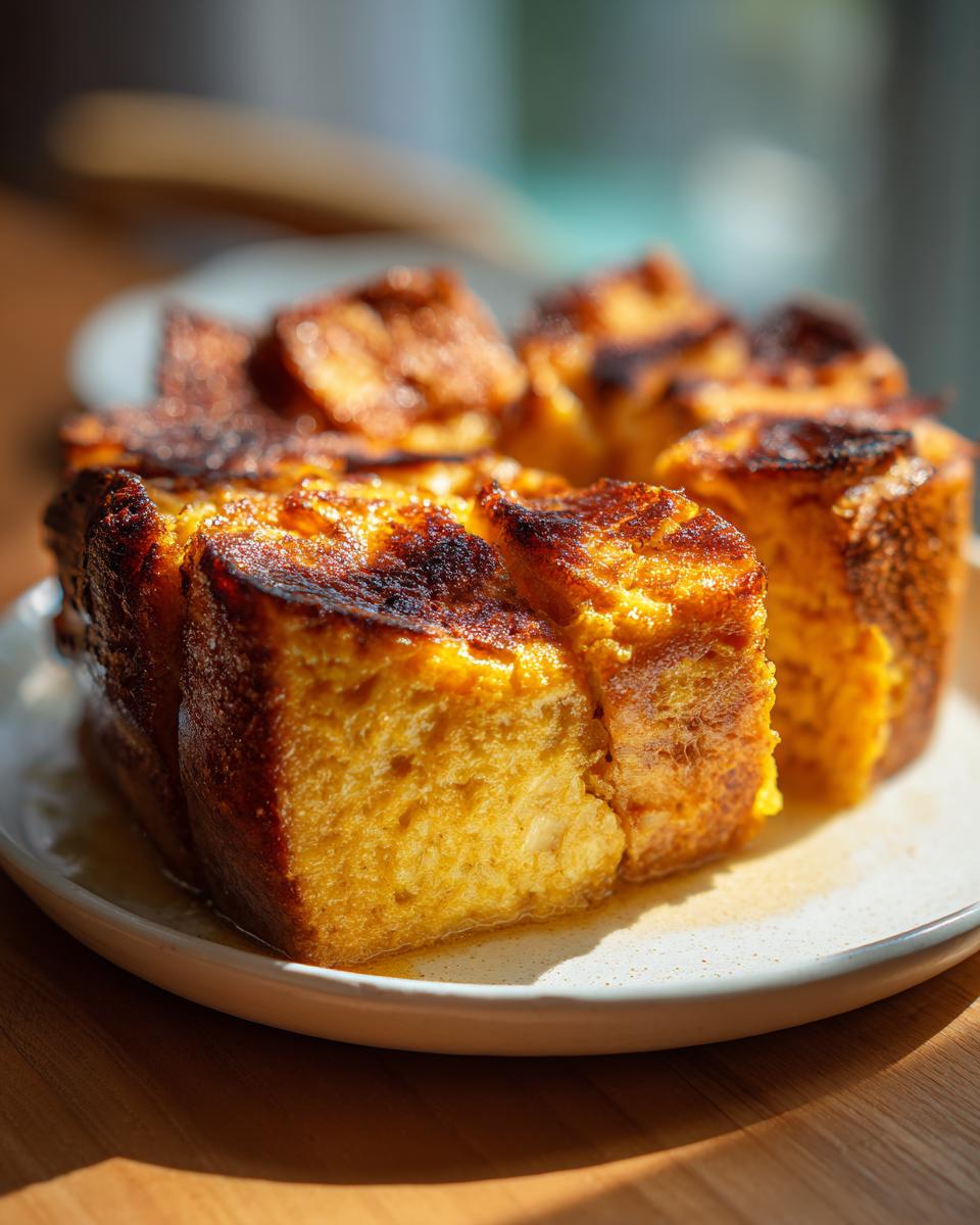 Close-up of golden-brown Pumpkin Bread Pudding slices on a white plate, drizzled with syrup.