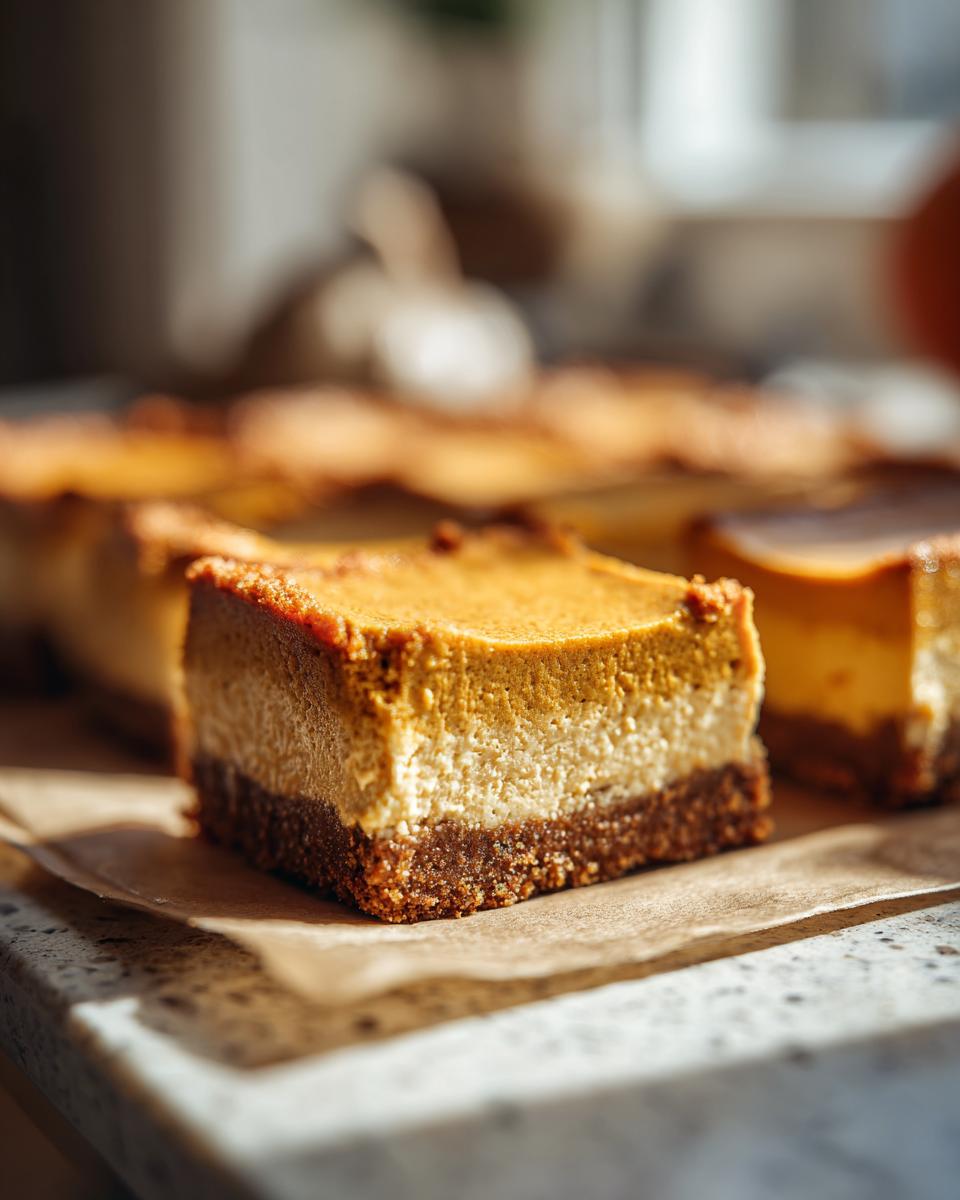 Close-up of a rich pumpkin cheesecake bar with a creamy white layer and a graham cracker crust.