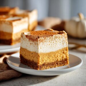 A close-up of a thick slice of pumpkin cheesecake bars, topped with whipped cream and cinnamon.