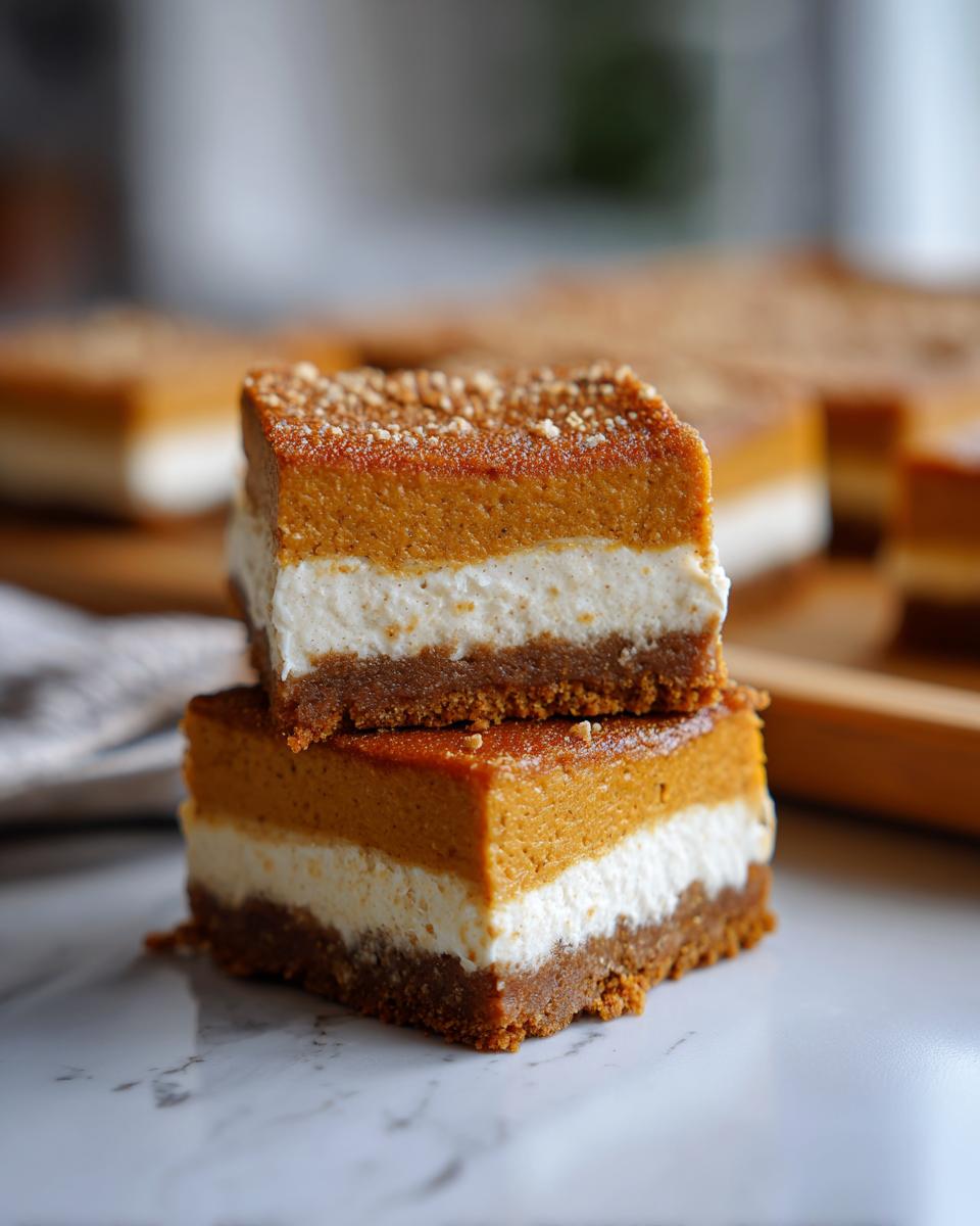 Two stacked Pumpkin Cheesecake Bars with a graham cracker crust, creamy white filling, and pumpkin layer topped with crumbs.