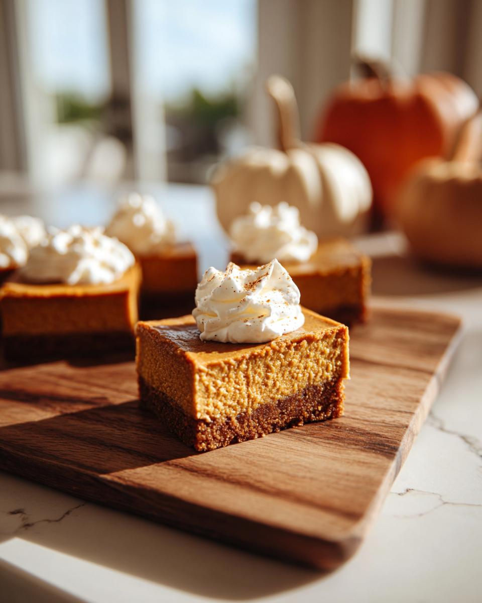 Close-up of a pumpkin cheesecake bar topped with whipped cream and cinnamon on a wooden board.