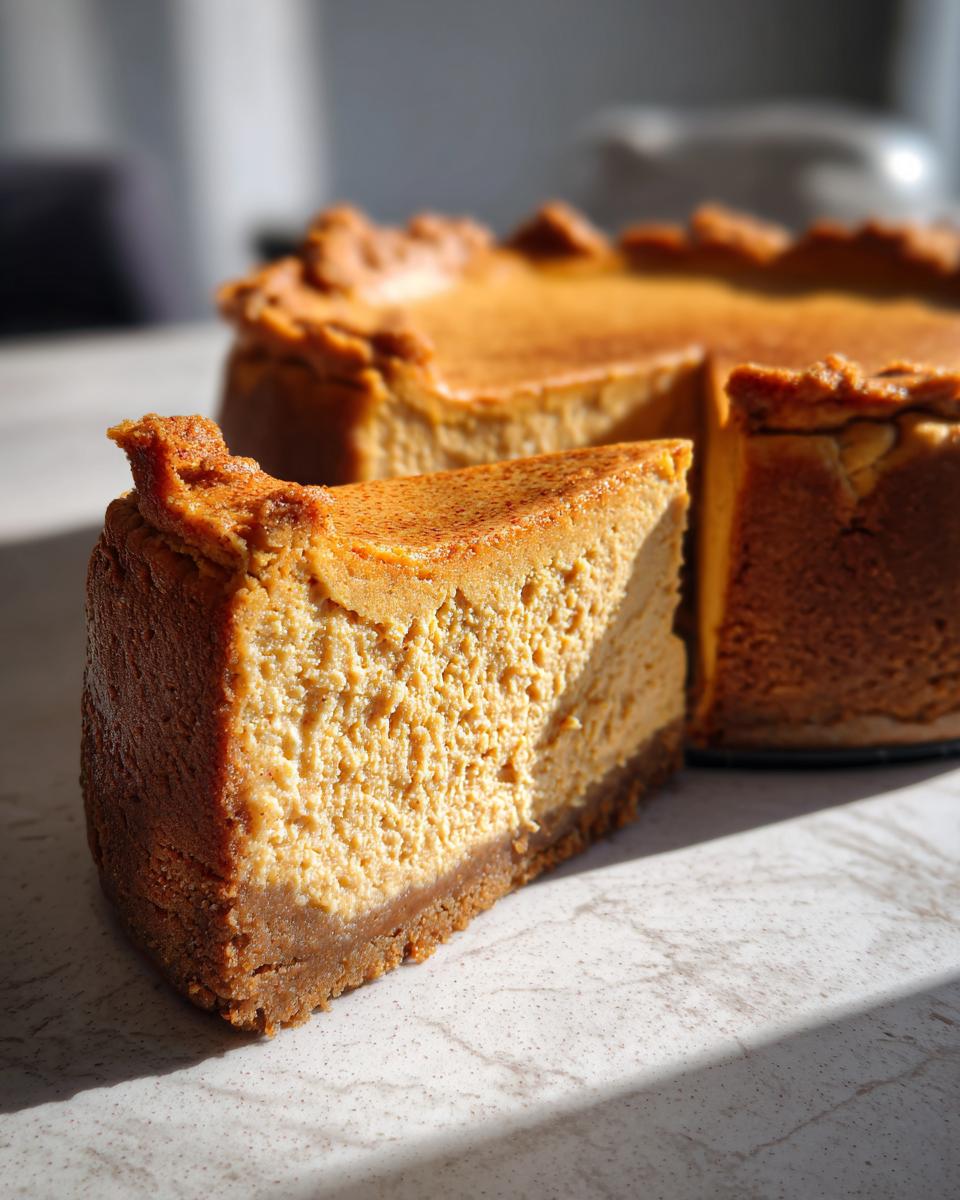 A close-up of a slice of pumpkin cheesecake with a graham cracker crust, showcasing its creamy texture.