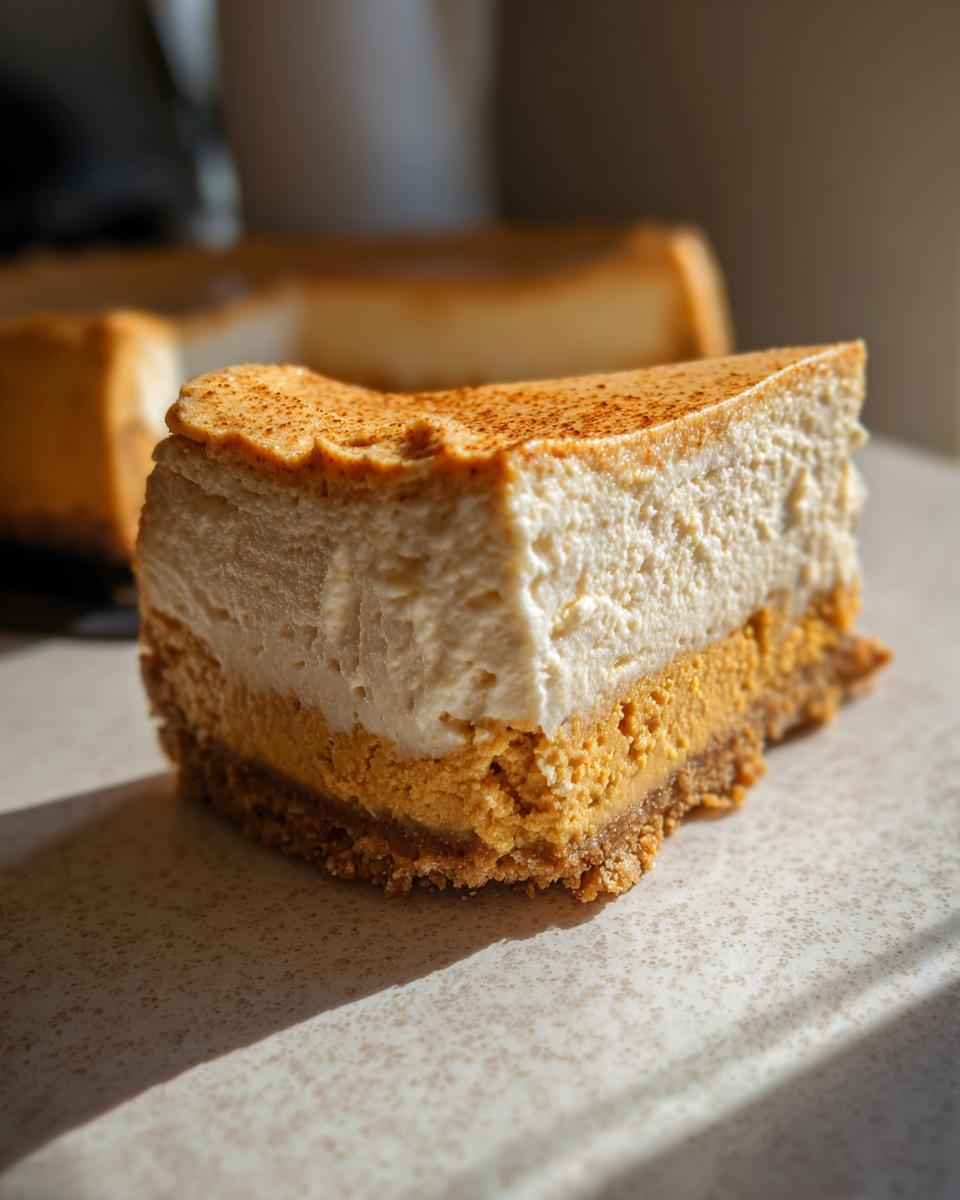 A close-up view of a thick slice of pumpkin cheesecake, dusted with cinnamon.