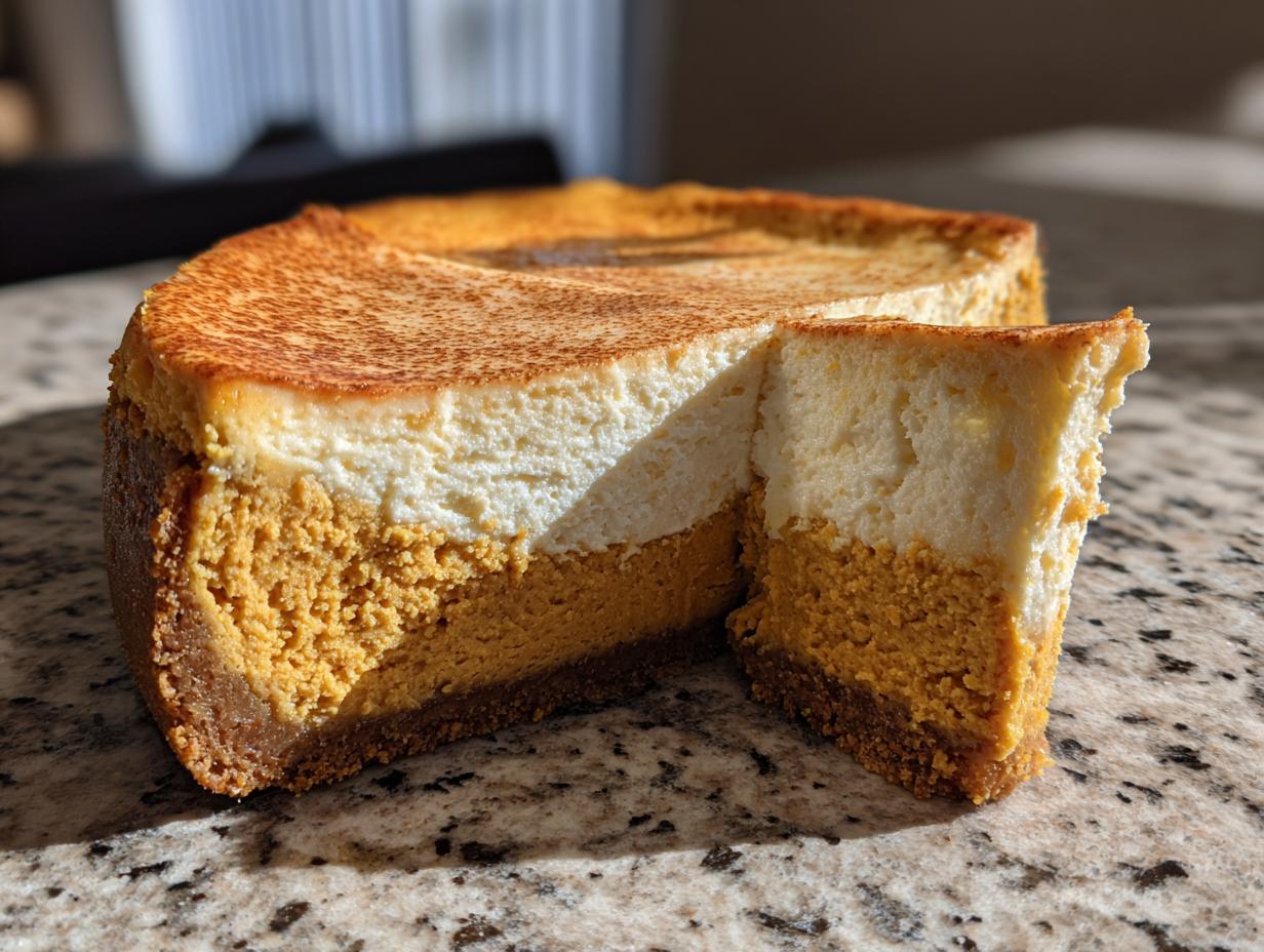 A slice of rich pumpkin cheesecake with a creamy white topping, dusted with cinnamon.