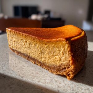 A close-up of a perfect slice of pumpkin cheesecake with a graham cracker crust, bathed in sunlight.