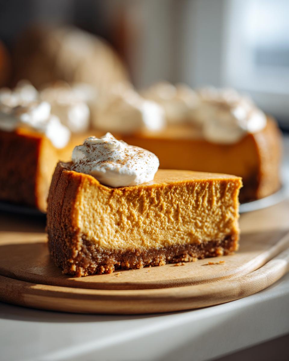 A close-up of a slice of pumpkin cheesecake topped with whipped cream and cinnamon, with the rest of the cheesecake in the background.