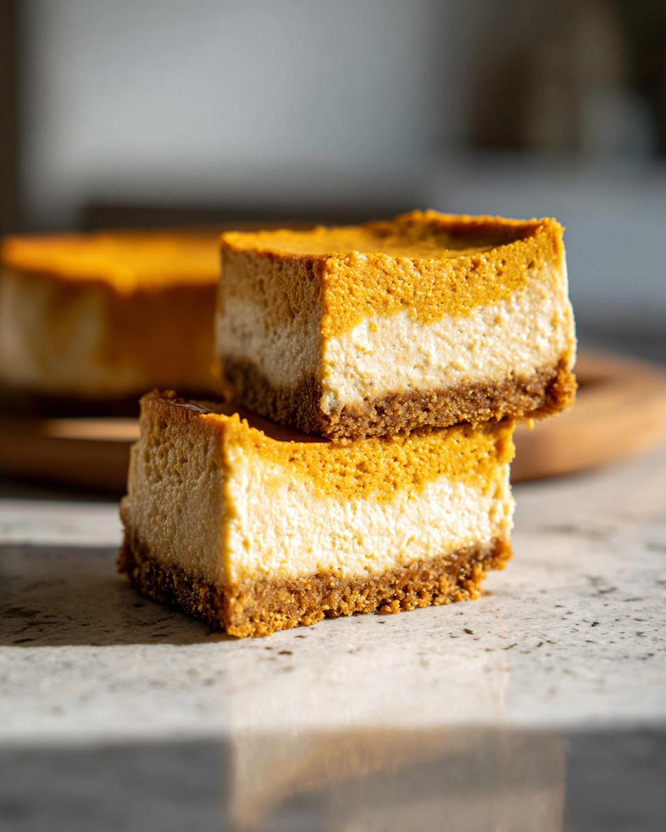 Two decadent slices of pumpkin cheesecake stacked, showcasing the creamy white and vibrant orange layers.