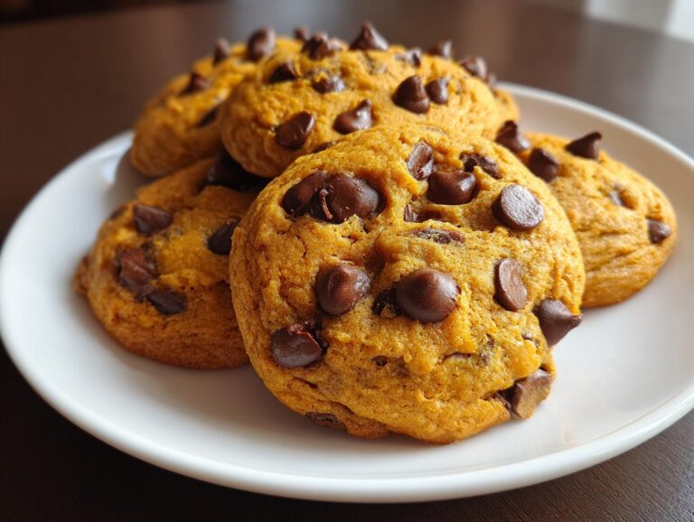 A close-up of several moist pumpkin chocolate chip cookies piled on a white plate, showcasing rich chocolate chips.