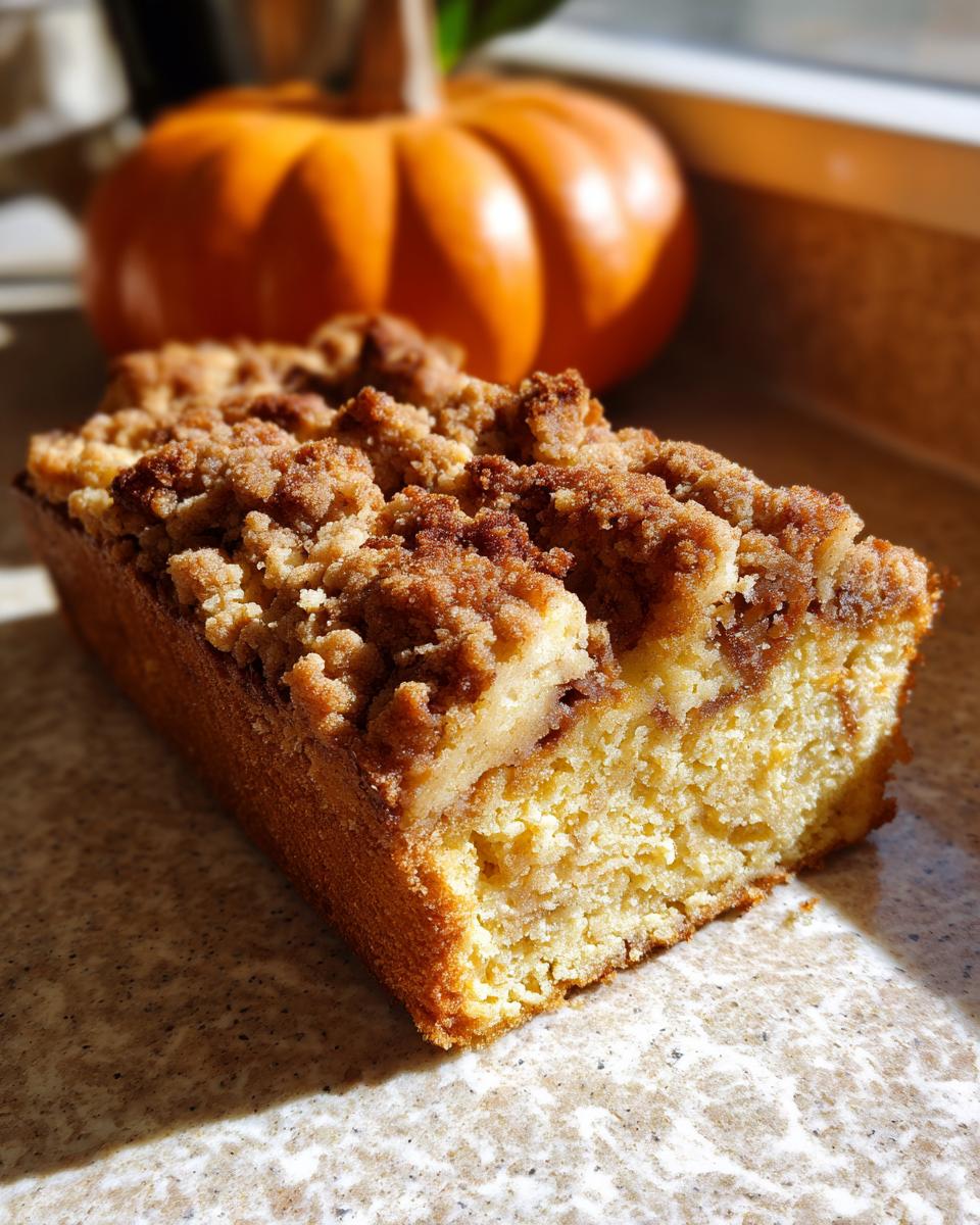 A close-up of a slice of pumpkin coffee cake with a crumb topping and a pumpkin in the background.
