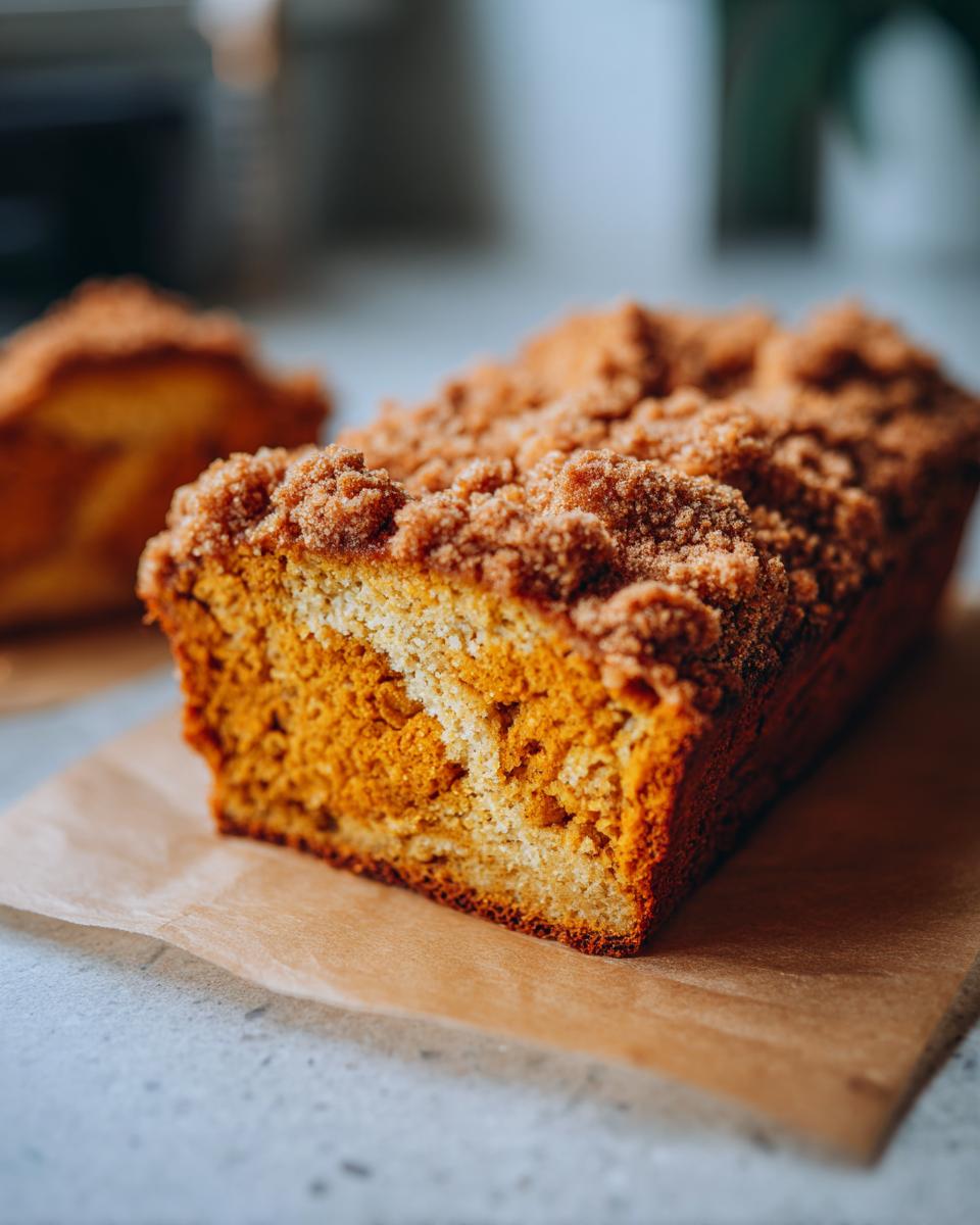 A close-up of a slice of moist pumpkin coffee cake topped with a generous layer of cinnamon crumble.
