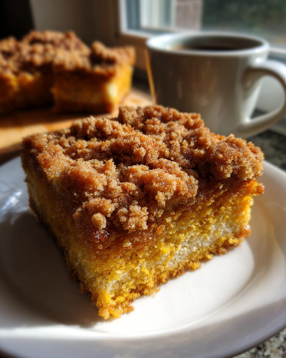 Close-up of a moist slice of pumpkin coffee cake topped with crumbly streusel.