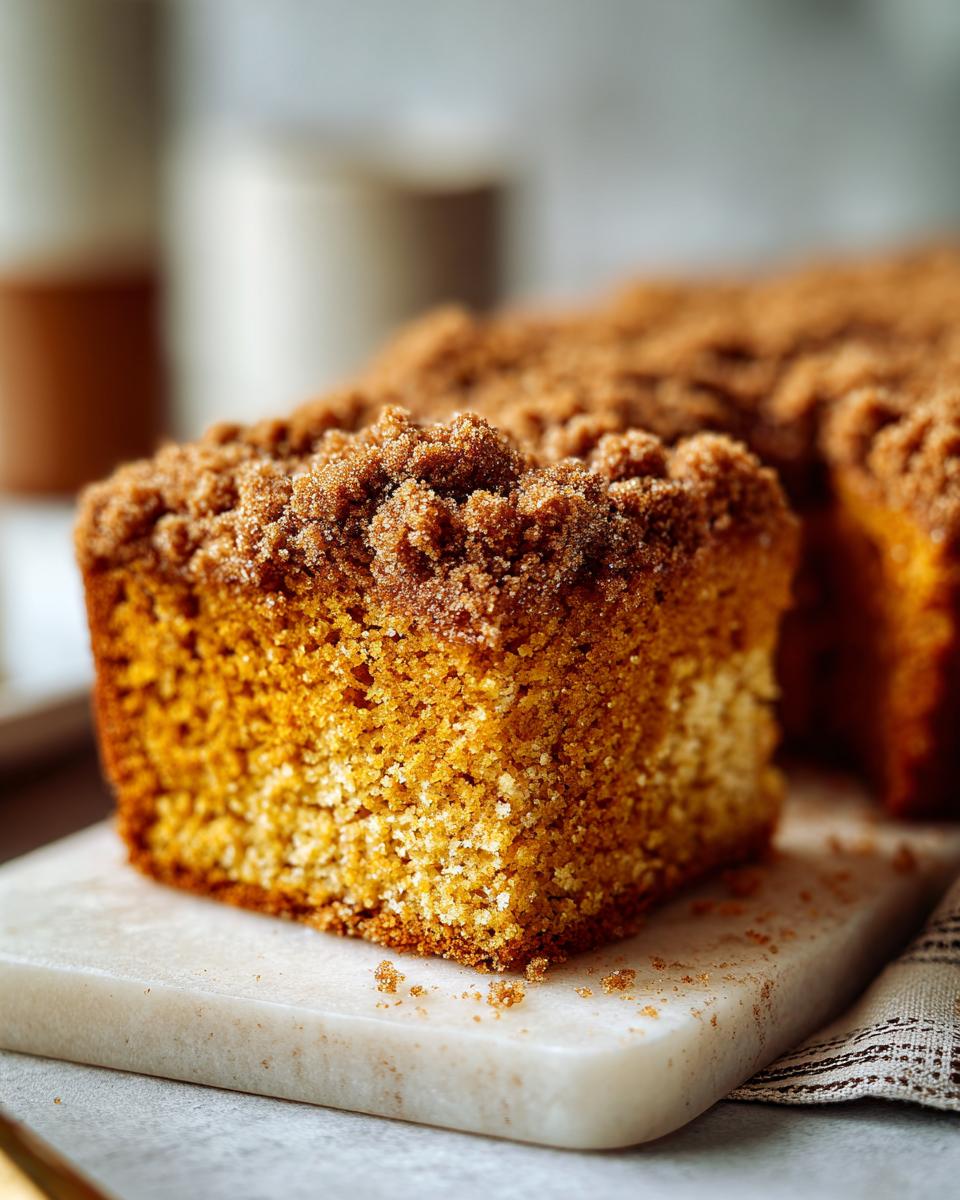 A close-up view of a moist slice of pumpkin coffee cake topped with a crumbly cinnamon streusel.