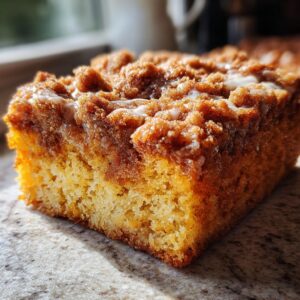 Close-up of a moist slice of pumpkin coffee cake with a crumbly streusel topping and a drizzle of glaze.