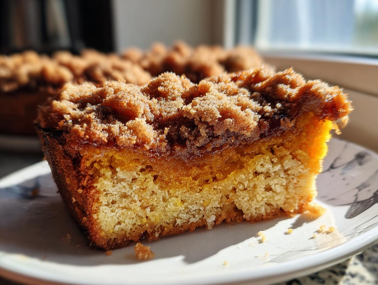 A close-up shot of a delicious slice of pumpkin coffee cake with a crumb topping.