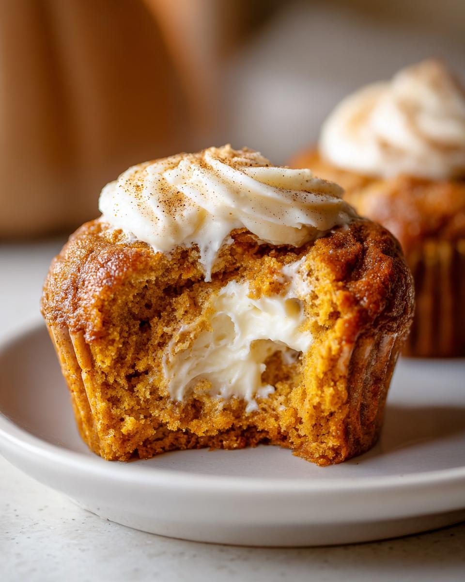A bite taken out of a Pumpkin Cream Cheese Muffin, revealing a creamy cream cheese filling and topped with frosting.