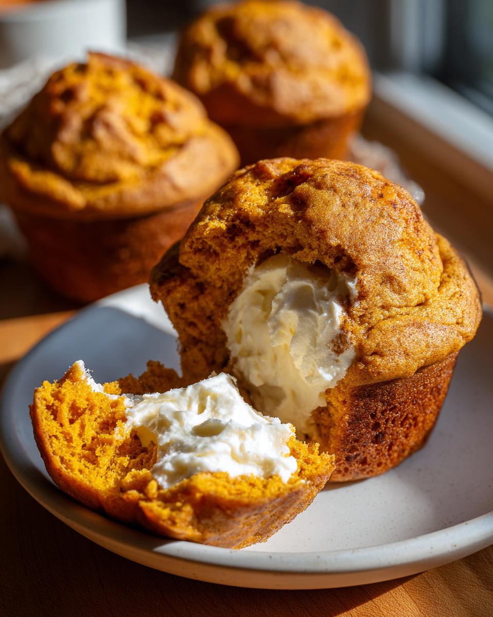 Close-up of a Pumpkin Cream Cheese Muffin with a bite taken out, revealing creamy cream cheese filling.