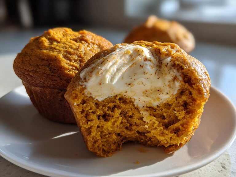 Close-up of a Pumpkin Cream Cheese Muffin, with a bite taken out, revealing the creamy center.