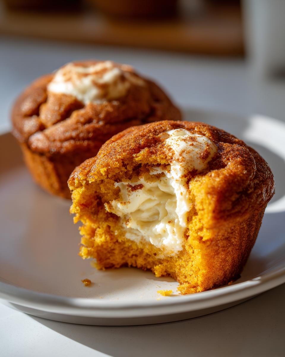 A close-up of a Pumpkin Cream Cheese Muffin with a bite taken out, revealing a creamy center.