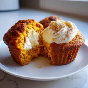 A close-up of a Pumpkin Cream Cheese Muffin, split open to reveal a creamy center, topped with frosting and cinnamon.