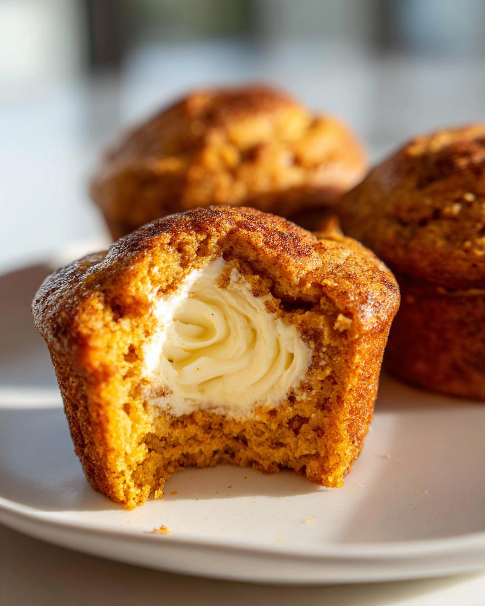 Close-up of a Pumpkin Cream Cheese Muffin with a bite taken out, revealing the creamy center.