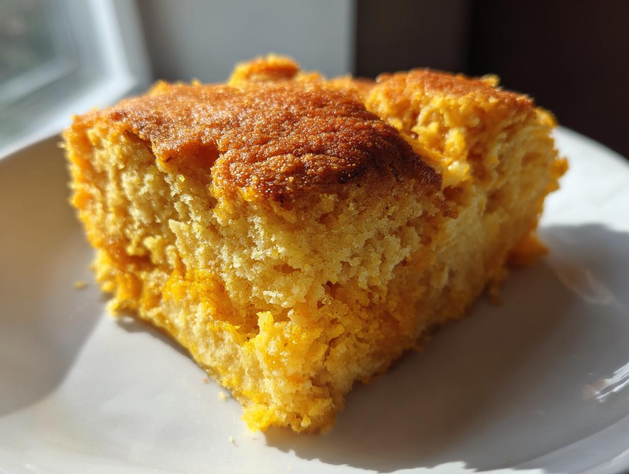 A close-up shot of a moist slice of pumpkin dump cake on a white plate, showcasing its golden-brown topping and tender crumb.