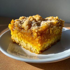 A close-up of a moist slice of pumpkin dump cake with a crumb topping on a white plate.