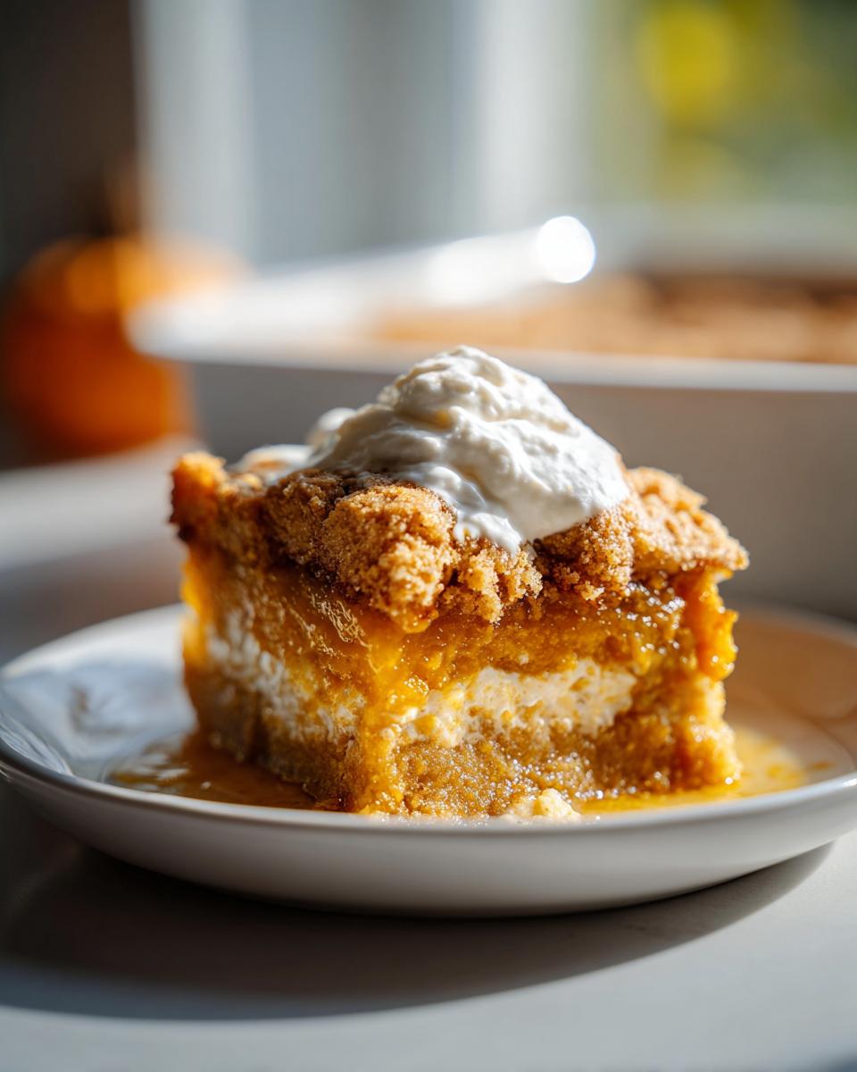 A close-up of a slice of pumpkin dump cake topped with whipped cream, served on a white plate.