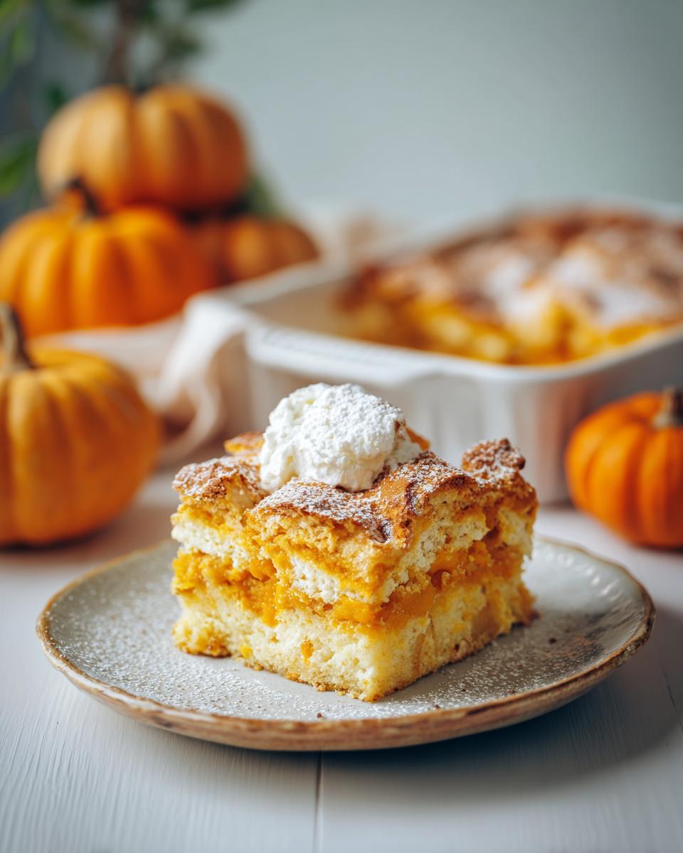 A delicious slice of pumpkin dump cake topped with whipped cream and powdered sugar, with pumpkins in the background.