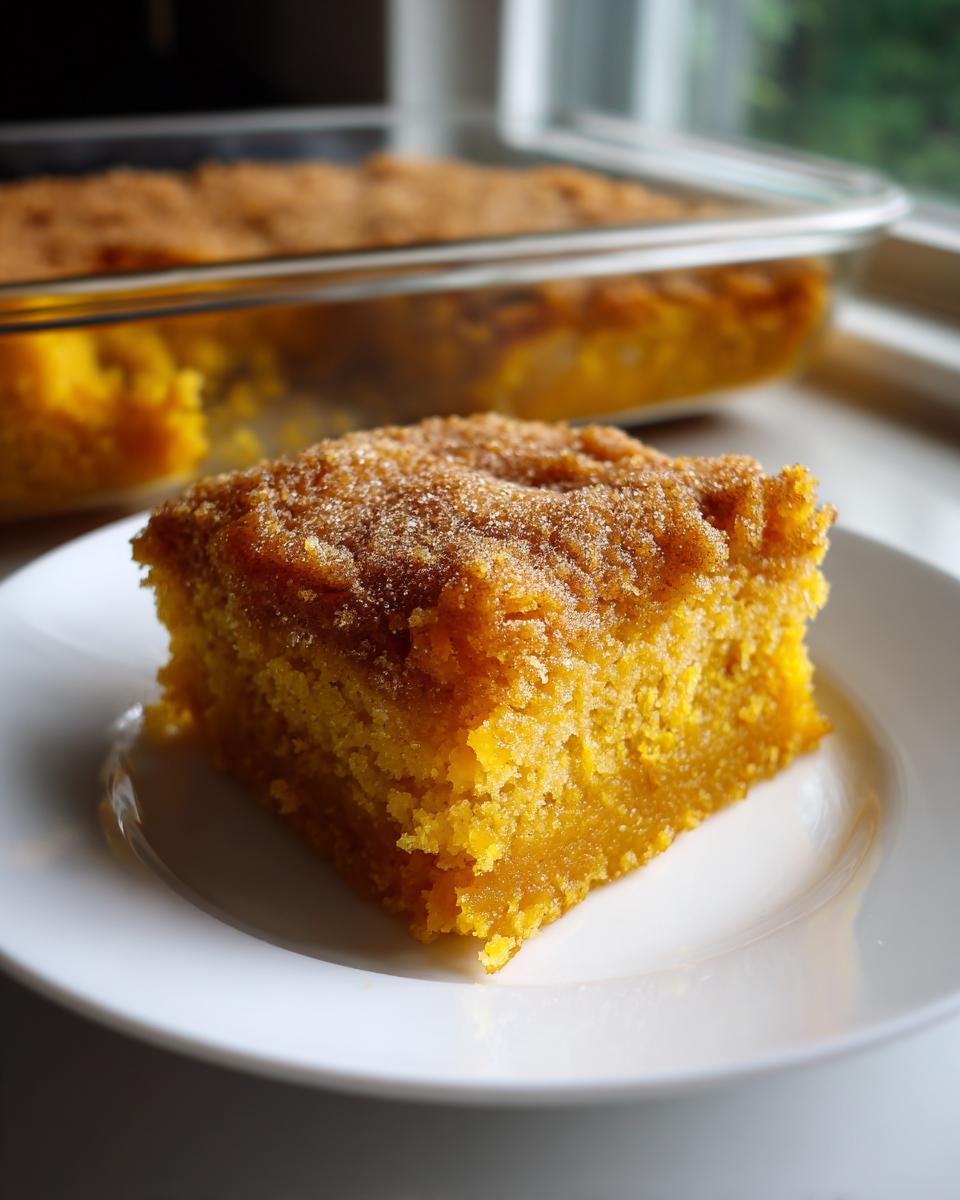 A close-up of a moist slice of pumpkin dump cake, topped with a cinnamon-sugar crumble, on a white plate.