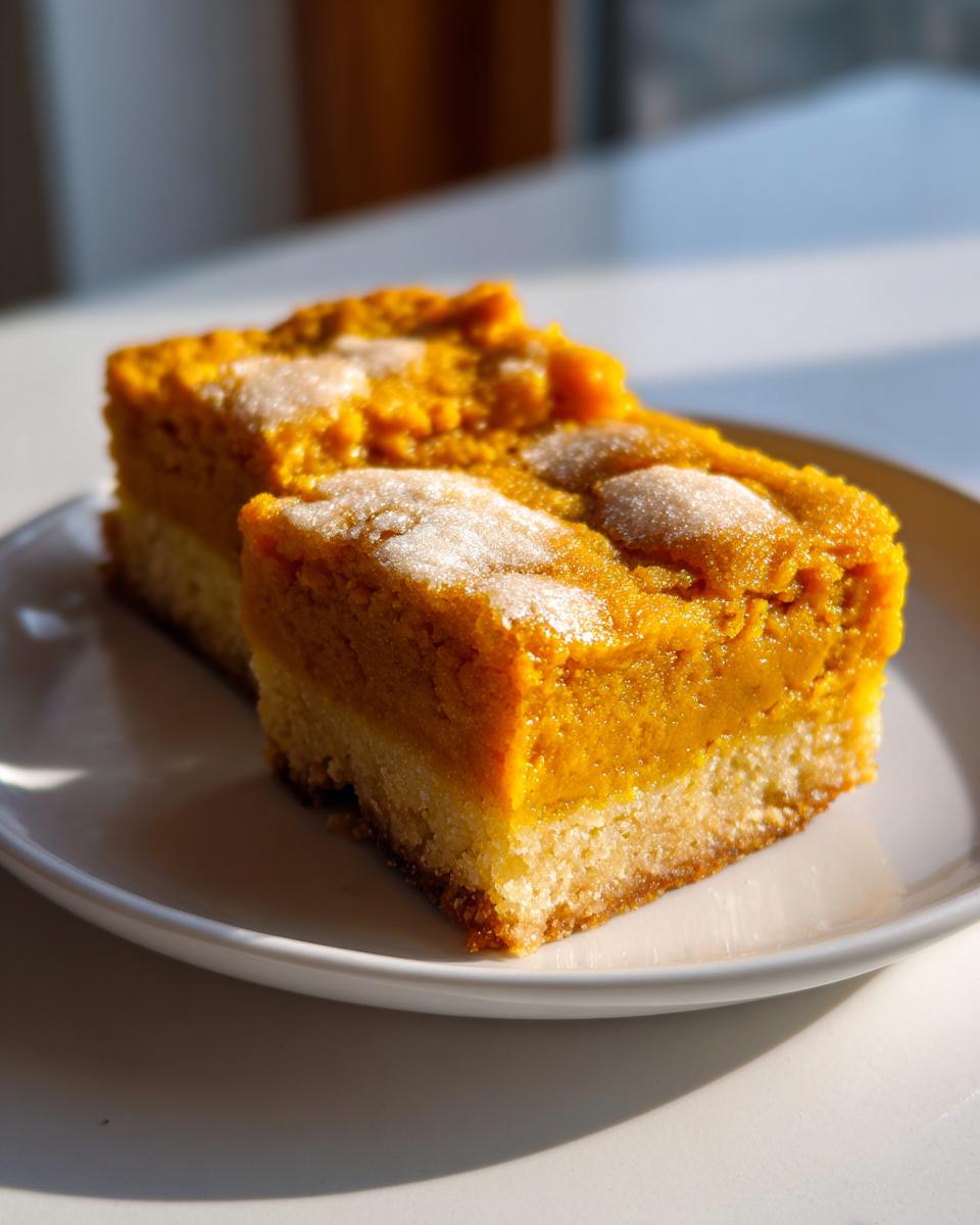 Two delicious slices of pumpkin dump cake on a white plate, showcasing the pumpkin filling and cake base.