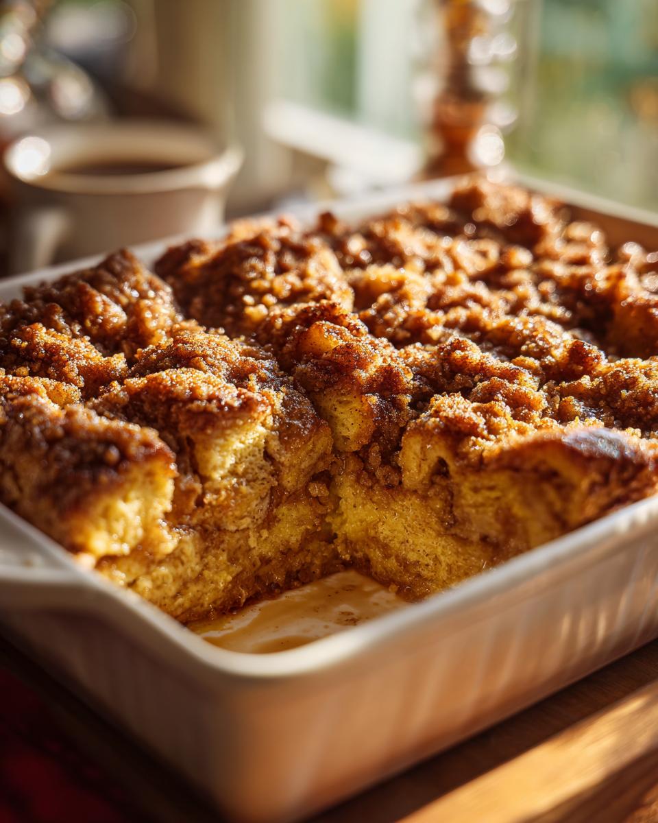 A close-up of a freshly baked Pumpkin French Toast Casserole in a white baking dish, with a scoop removed.