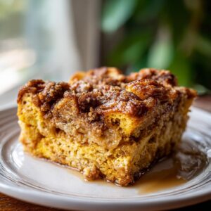 A close-up of a slice of Pumpkin French Toast Casserole on a white plate, drizzled with syrup.