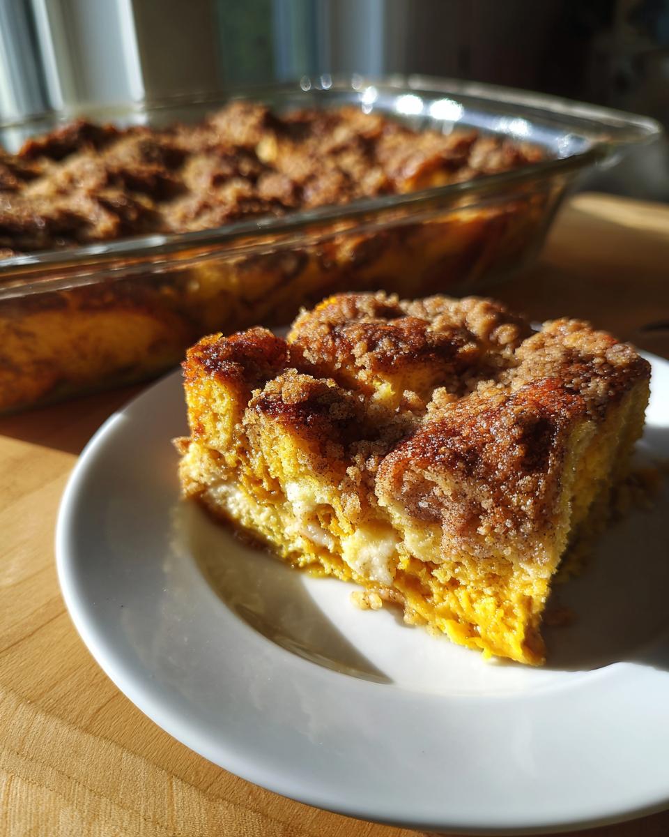 A slice of Pumpkin French Toast Casserole on a white plate, with the rest of the casserole in a glass baking dish in the background.