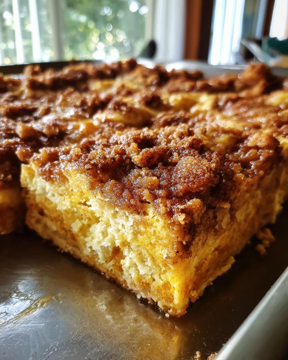 Close-up of a slice of Pumpkin French Toast Casserole with a crumb topping.