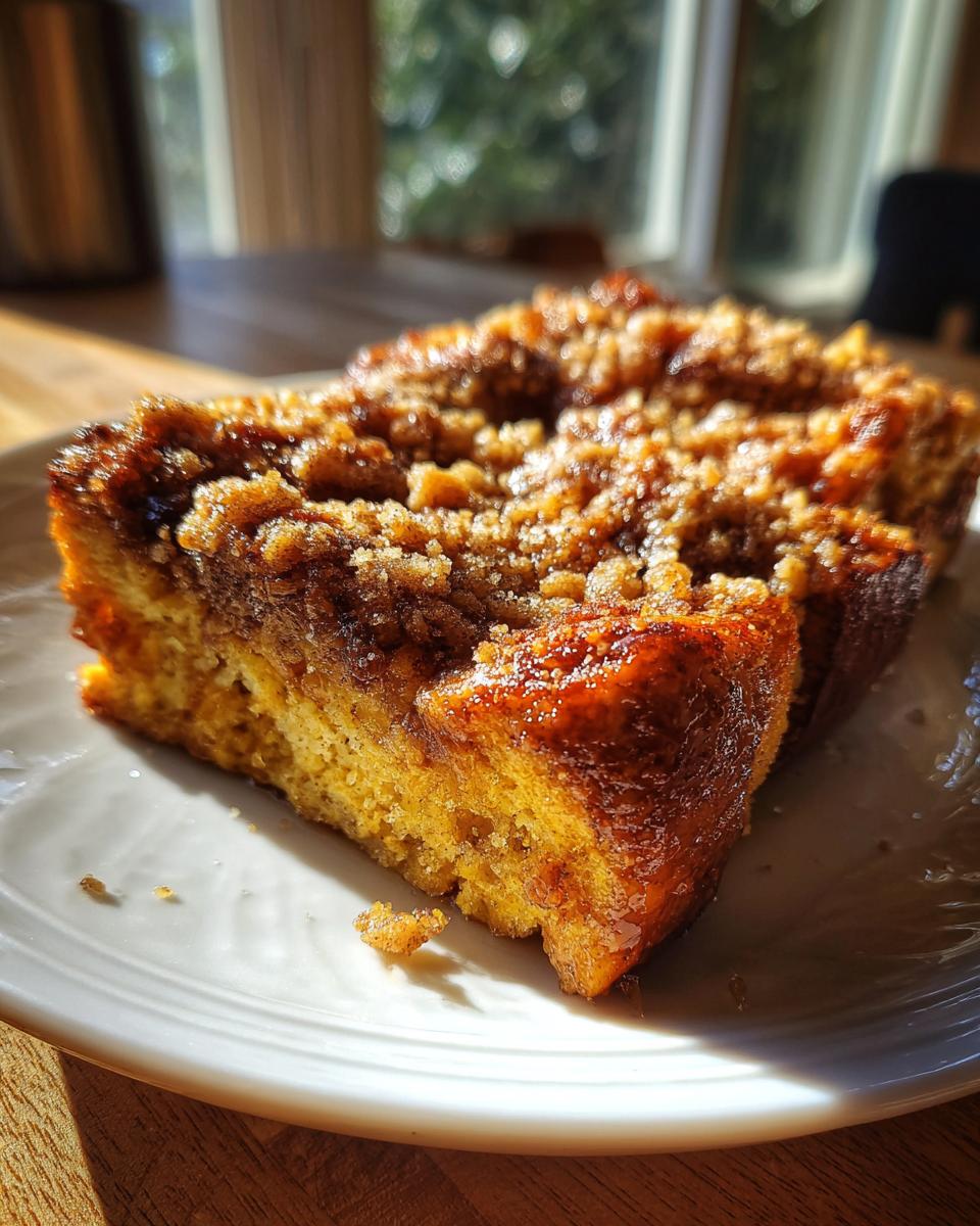 A close-up of a slice of Pumpkin French Toast Casserole on a white plate, featuring a golden crumb topping and moist interior.