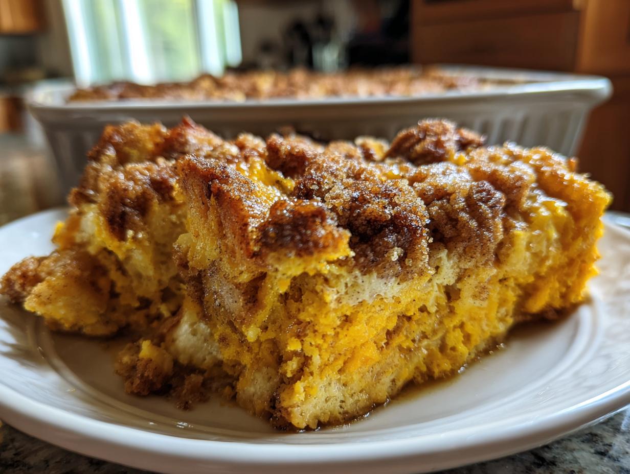 A close-up of a slice of Pumpkin French Toast Casserole on a white plate, showing its moist texture and cinnamon-sugar topping.