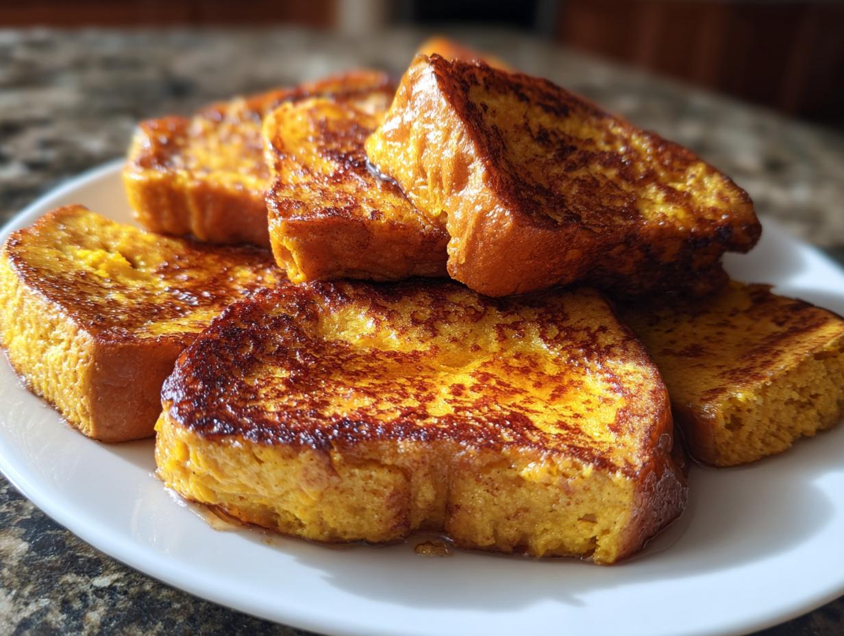 A close-up of several golden-brown slices of Pumpkin French Toast stacked on a white plate, glistening with syrup.