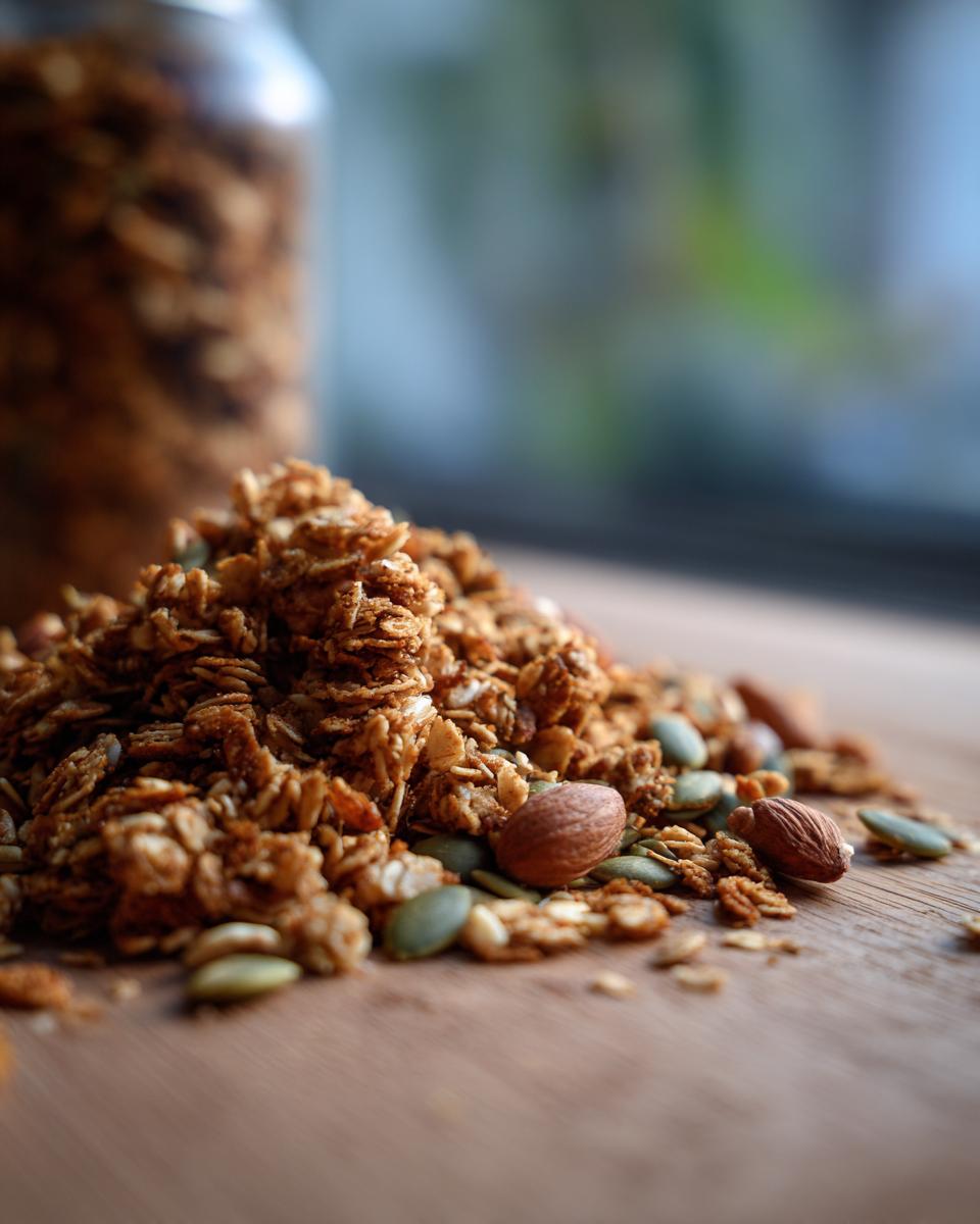A close-up of a pile of homemade pumpkin granola, featuring oats, almonds, and pumpkin seeds.